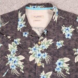 Tommy Bahama Floral Silk Hawaiian Gray‎ Shirt Tropical Vacation XL